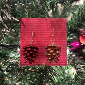 Festive Red & Gold Glitter Pinecone Earrings